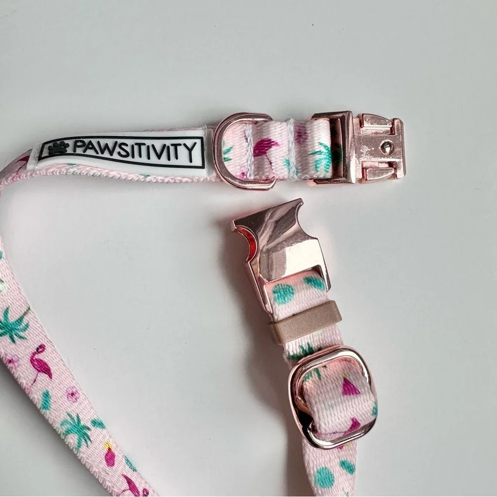 Pawsitivity Pink Pet Collar with Palm Trees Flamingos Rose Gold Clasp